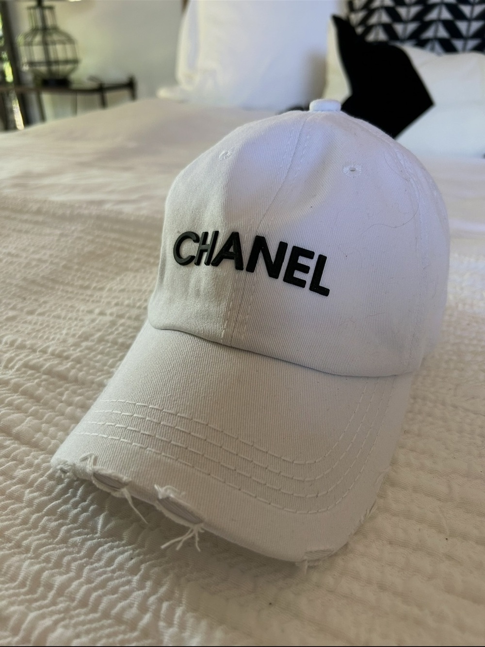 White Cotton Distressed Baseball Cap - Women’s Accessory - Picture 3 of 4